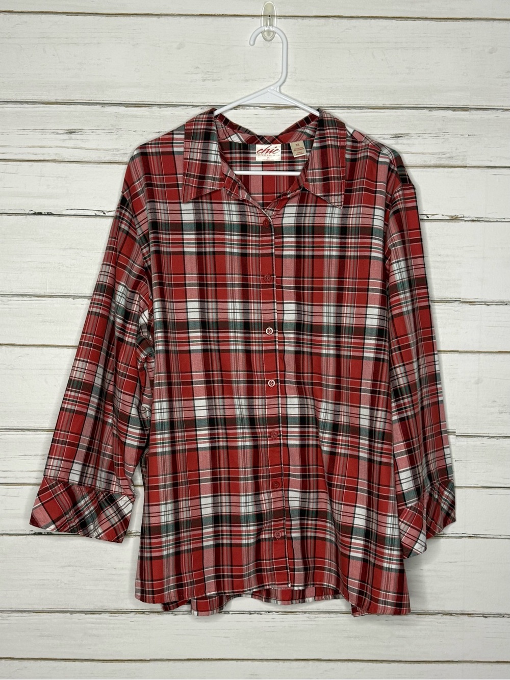 Chic Comfort Collection 3X Red Plaid Button Down Shirt Holiday Flannel